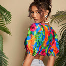 TRVLCHIC Blusa Corta Con Dobladillo Con Volantes Y Estampado De Plantas Para Mujer Para Vacaciones