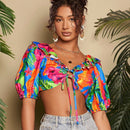 TRVLCHIC Blusa Corta Con Dobladillo Con Volantes Y Estampado De Plantas Para Mujer Para Vacaciones