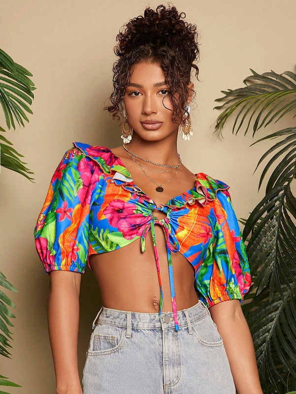 TRVLCHIC Blusa Corta Con Dobladillo Con Volantes Y Estampado De Plantas Para Mujer Para Vacaciones