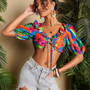 TRVLCHIC Blusa Corta Con Dobladillo Con Volantes Y Estampado De Plantas Para Mujer Para Vacaciones