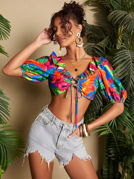 TRVLCHIC Blusa Corta Con Dobladillo Con Volantes Y Estampado De Plantas Para Mujer Para Vacaciones