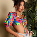 TRVLCHIC Blusa Corta Con Dobladillo Con Volantes Y Estampado De Plantas Para Mujer Para Vacaciones