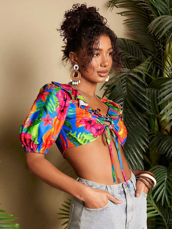 TRVLCHIC Blusa Corta Con Dobladillo Con Volantes Y Estampado De Plantas Para Mujer Para Vacaciones