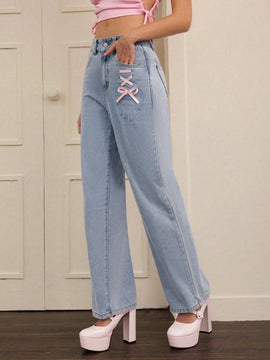 Forever 21 Jeans De Pierna Recta De Mezclilla Con Cinta Decorativa De Los Anos 90