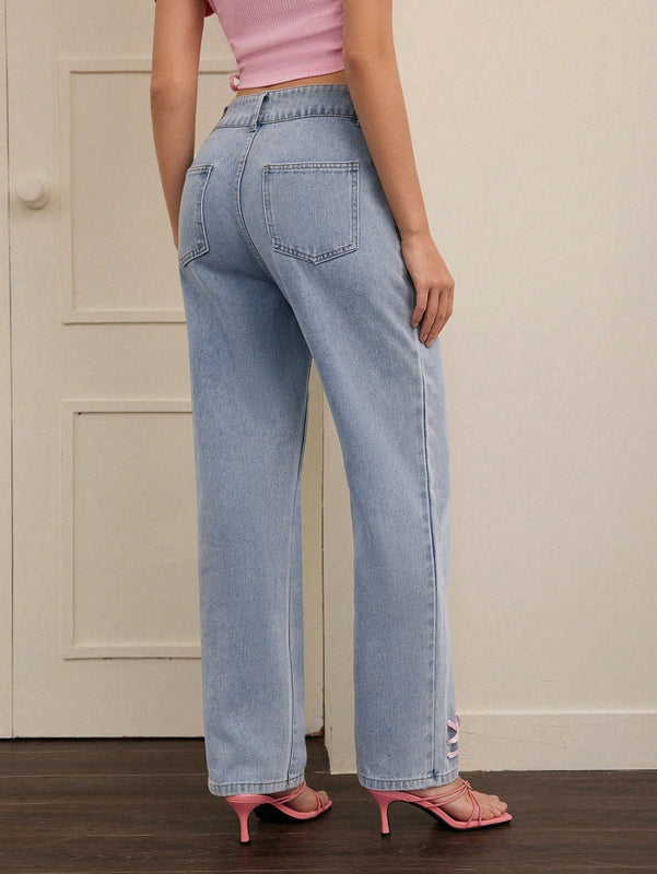 Forever 21 Jeans De Pierna Recta De Mezclilla Con Cinta Decorativa De Los Anos 90