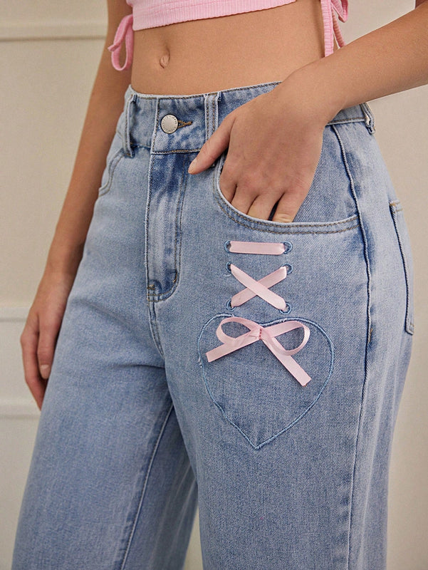 Forever 21 Jeans De Pierna Recta De Mezclilla Con Cinta Decorativa De Los Anos 90