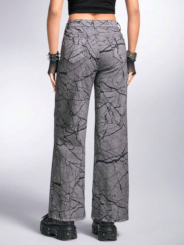 ROMWE Grunge Punk Pantalones Jeans Rectos Estampados Con Diseno De Bolsillos Inclinados