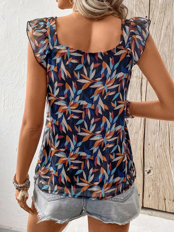 Frenchy Camisa Articulada De Malla Para Mujer Con Mangas Voladoras Estampadas Con Hilo Dorado Y Diseno De Hojas