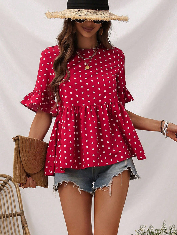 LUNE Blusa De Lunares Con Volantes Para La Parte Inferior Para Mujer