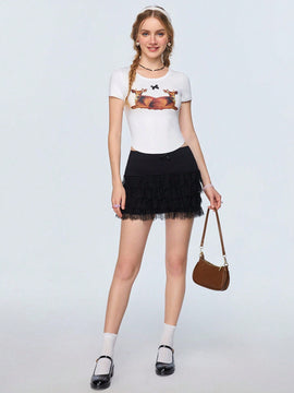 Qutie Camiseta Ajustada Con Dobladillo Curvado Y Estampado De Ciervos