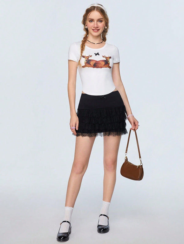 Qutie Camiseta Ajustada Con Dobladillo Curvado Y Estampado De Ciervos
