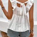 VCAY Blusa Solida Con Ribete De Volantes, Collar Con Soporte Y Lazo En La Espalda