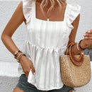 VCAY Blusa Solida Con Ribete De Volantes, Collar Con Soporte Y Lazo En La Espalda