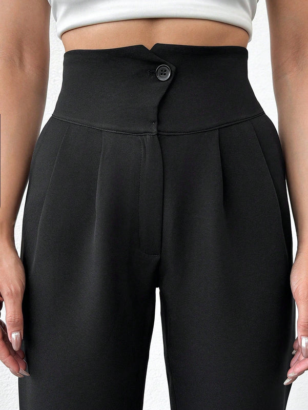 Pantalones de mujer con pliegues de cintura alta de color solido