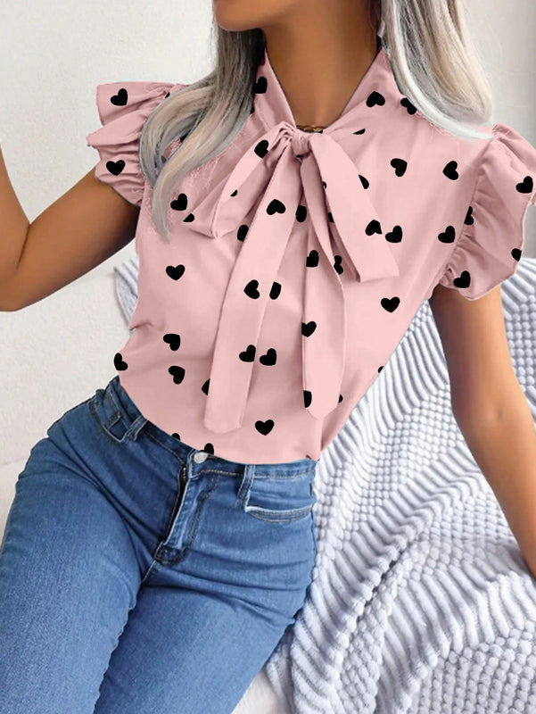 Frenchy Camisa De Mujer Con Estampado De Corazones Con Manga De Mariposa Y Lazo En Frente, Para Primavera/verano