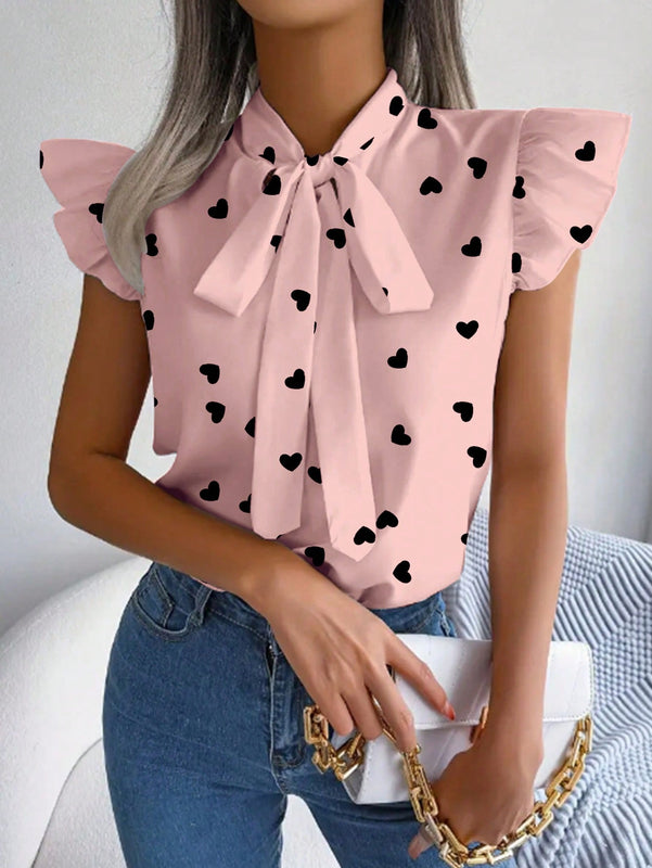 Frenchy Camisa De Mujer Con Estampado De Corazones Con Manga De Mariposa Y Lazo En Frente, Para Primavera/verano