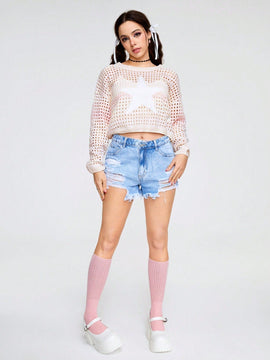 ROMWE Kawaii Jersey De Manga Larga Con Cuello Redondo Para Mujer Con Patron De Estrella De Degradado De Color Y Estilo Hueco