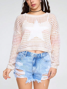 ROMWE Kawaii Jersey De Manga Larga Con Cuello Redondo Para Mujer Con Patron De Estrella De Degradado De Color Y Estilo Hueco