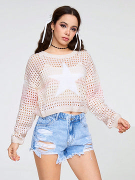 ROMWE Kawaii Jersey De Manga Larga Con Cuello Redondo Para Mujer Con Patron De Estrella De Degradado De Color Y Estilo Hueco
