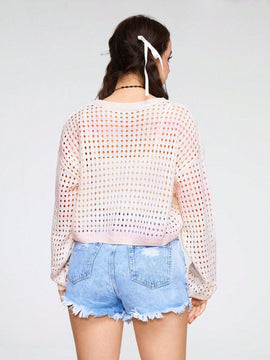 ROMWE Kawaii Jersey De Manga Larga Con Cuello Redondo Para Mujer Con Patron De Estrella De Degradado De Color Y Estilo Hueco