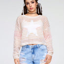ROMWE Kawaii Jersey De Manga Larga Con Cuello Redondo Para Mujer Con Patron De Estrella De Degradado De Color Y Estilo Hueco