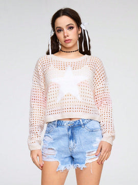 ROMWE Kawaii Jersey De Manga Larga Con Cuello Redondo Para Mujer Con Patron De Estrella De Degradado De Color Y Estilo Hueco