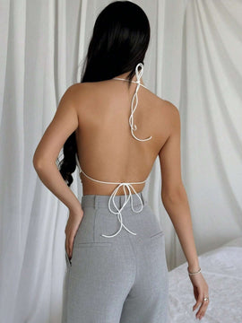 Prive Top De Cuello Halter Retorcido De Encaje Sin Espalda