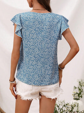 LUNE Camisa De Vacaciones En La Playa Informal Con Cuello Redondo Y Mangas Voladoras Para Mujer Con Detalle De Volantes Y Estampado Floral