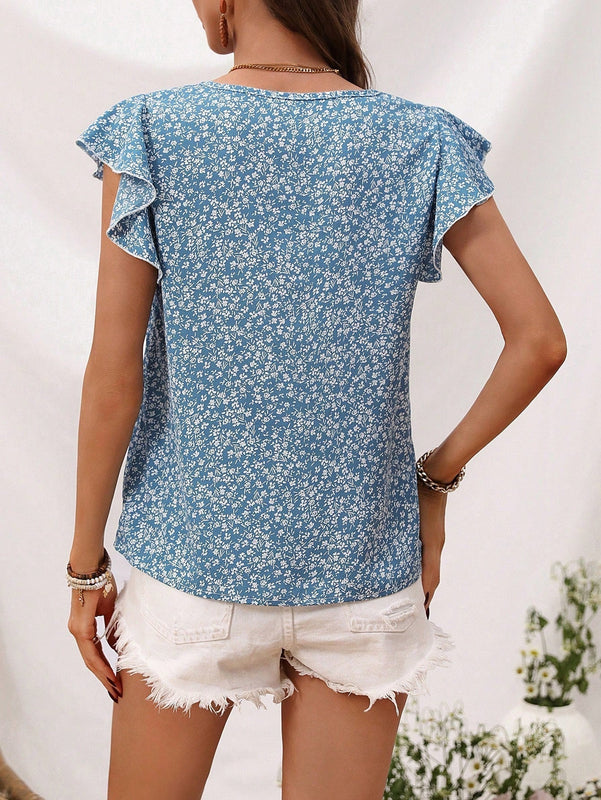 LUNE Camisa De Vacaciones En La Playa Informal Con Cuello Redondo Y Mangas Voladoras Para Mujer Con Detalle De Volantes Y Estampado Floral