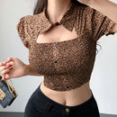 DAZY Blusa De Manga Corta Hueca Con Estampado De Leopardo Para Mujeres