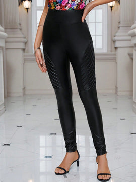 Clasi Pantalones PU De Cintura Alta Y Ajustados Para Mujer