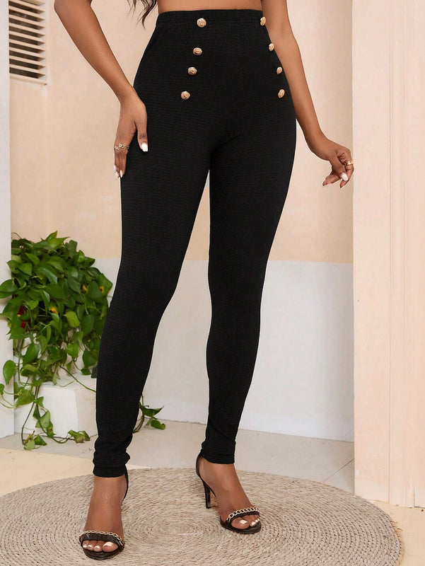 Lady Pantalones Ajustados Casuales Con Detalles De Botones