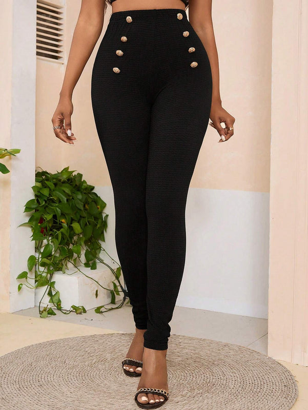 Lady Pantalones Ajustados Casuales Con Detalles De Botones