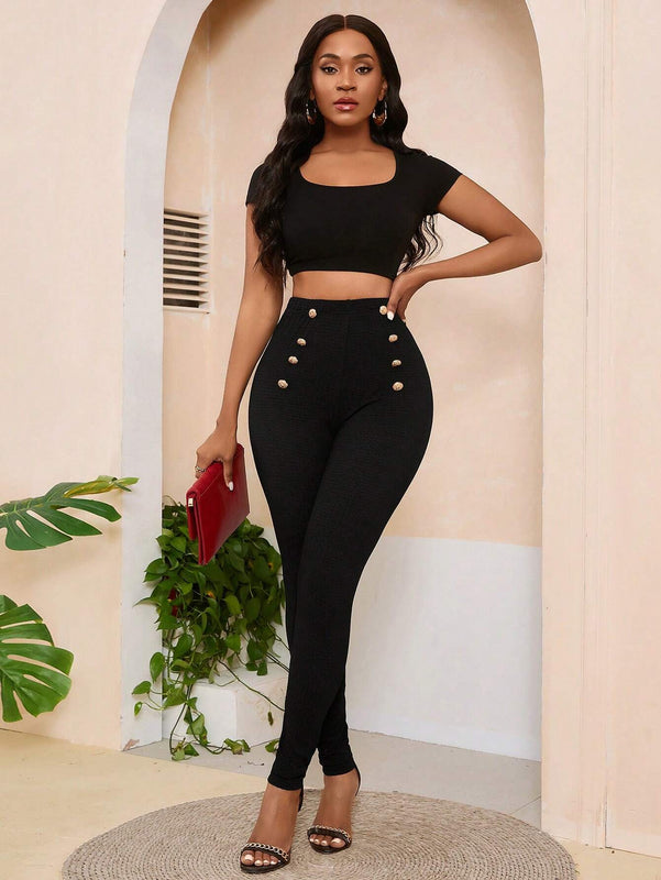 Lady Pantalones Ajustados Casuales Con Detalles De Botones