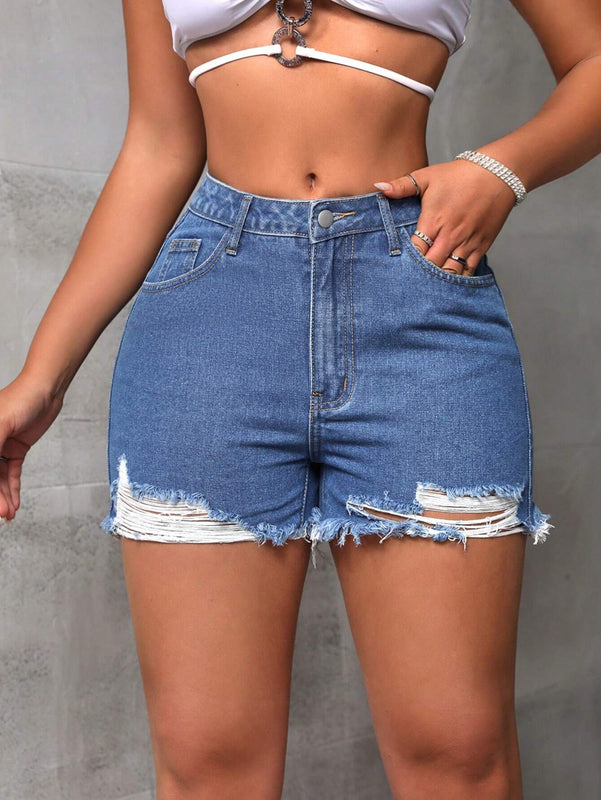 SXY Pantalones Cortos De Mezclilla Con Dobladillo Deshilachado