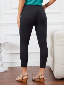 LUNE Pantalones casuales de cintura alta y ajuste delgado en unicolor para mujer