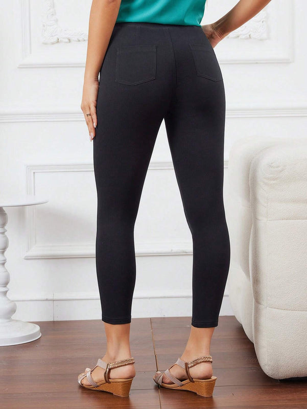 LUNE Pantalones casuales de cintura alta y ajuste delgado en unicolor para mujer