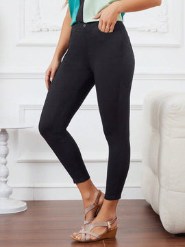 LUNE Pantalones casuales de cintura alta y ajuste delgado en unicolor para mujer