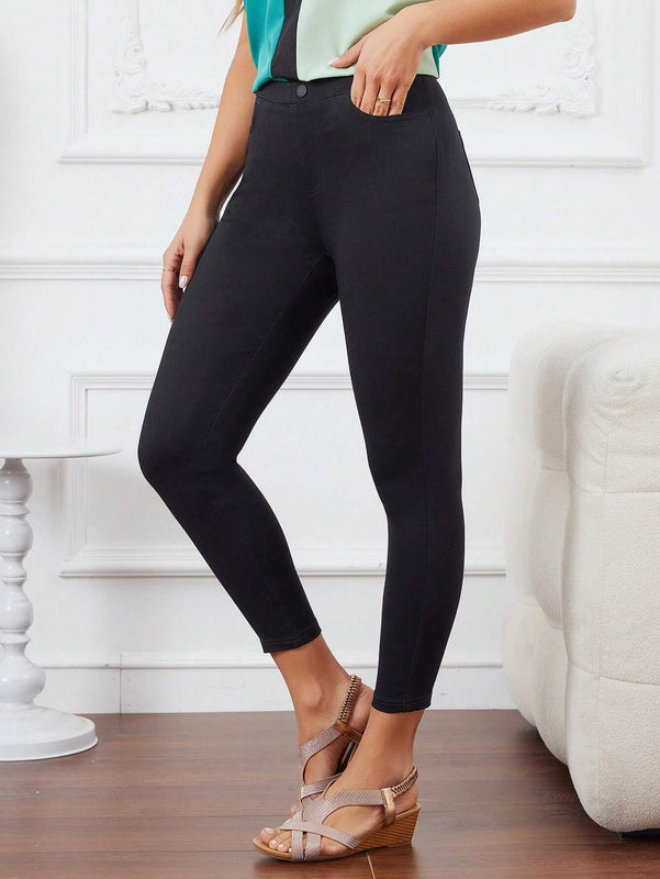LUNE Pantalones casuales de cintura alta y ajuste delgado en unicolor para mujer