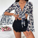Frenchy Camisa De Manga Larga Con Estampado Floral Y Escote En V Con Corbata Delantera