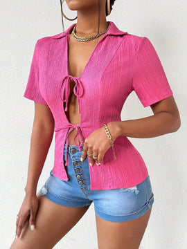 Slayr Camisa De Manga Corta Con Cintura Ajustable, Diseno De Textura Simple