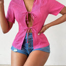 Slayr Camisa De Manga Corta Con Cintura Ajustable, Diseno De Textura Simple
