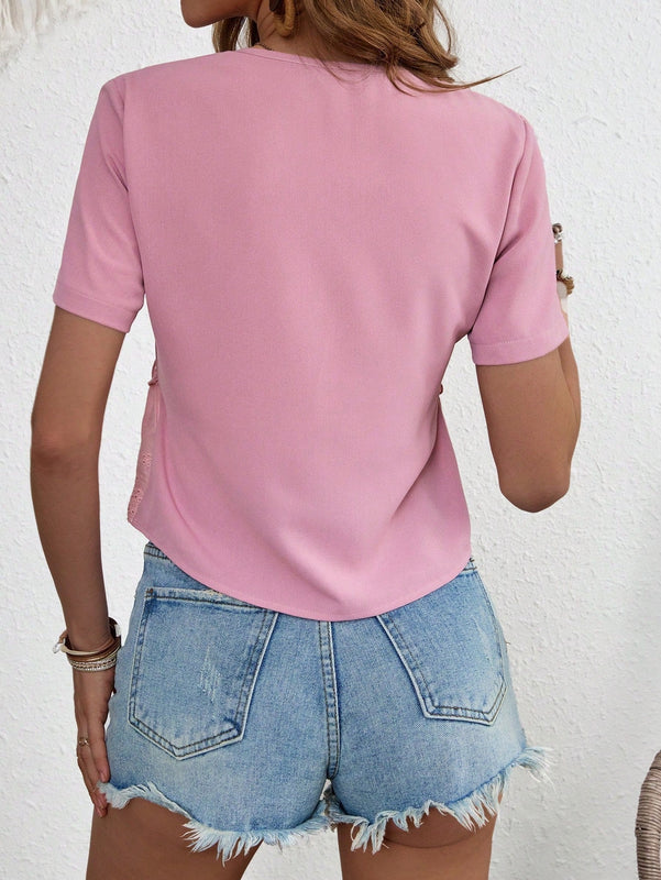 VCAY Camisa Con Parche De Bordado Y Tejido Calado Con Lazada Al Frente
