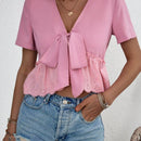 VCAY Camisa Con Parche De Bordado Y Tejido Calado Con Lazada Al Frente