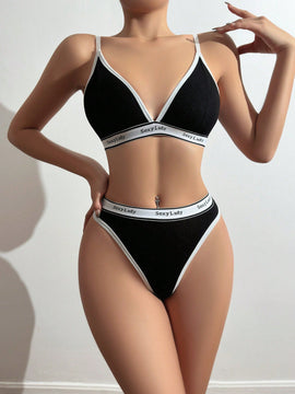 Conjunto De Ropa Interior Para Mujer: Con Letras Y Parches, Realce, Sujetador Deportivo Y Bragas