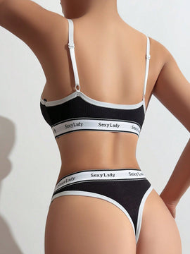 Conjunto De Ropa Interior Para Mujer: Con Letras Y Parches, Realce, Sujetador Deportivo Y Bragas