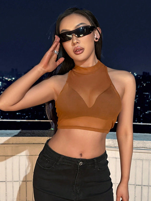 Top de malla corto para mujer con cuello alto para el verano