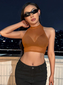 Top de malla corto para mujer con cuello alto para el verano
