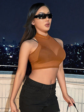 Top de malla corto para mujer con cuello alto para el verano