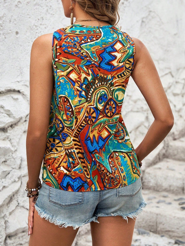 LUNE Blusa Impresa Sin Mangas Con Cuello En V Para Mujeres